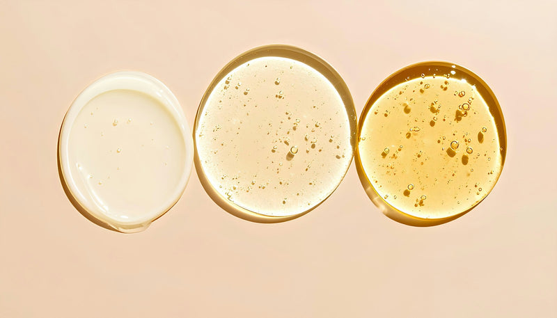 Texturas de creme, sérum e óleo lado a lado