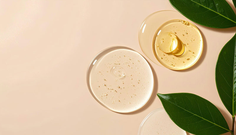 Texturas de gel transparente e dourado com folhas verdes